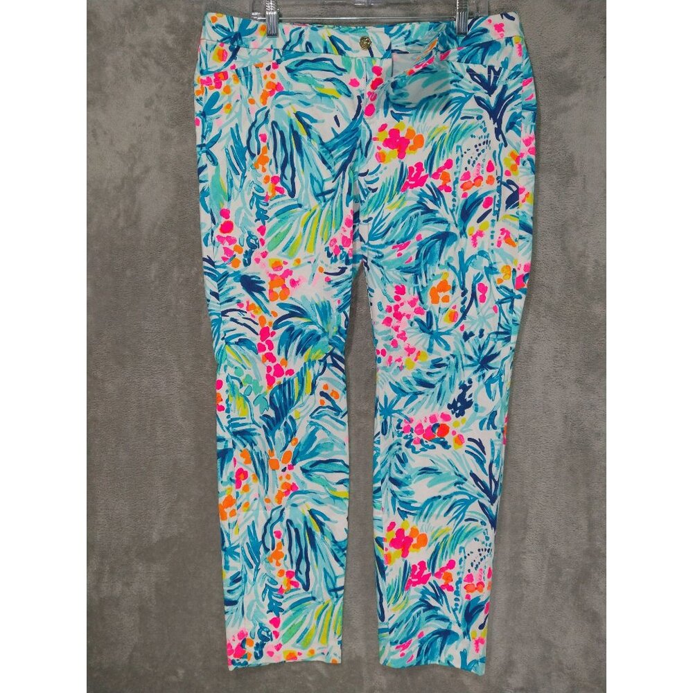 Lilly Pulitzer Pants Womens 16 Kelly Skinny Ankle Tropical Print Stretch Cotton